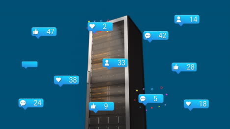 Animación-De-Notificaciones-De-Redes-Sociales-Sobre-Un-Rack-De-Servidores-Con-Fondo-Azul