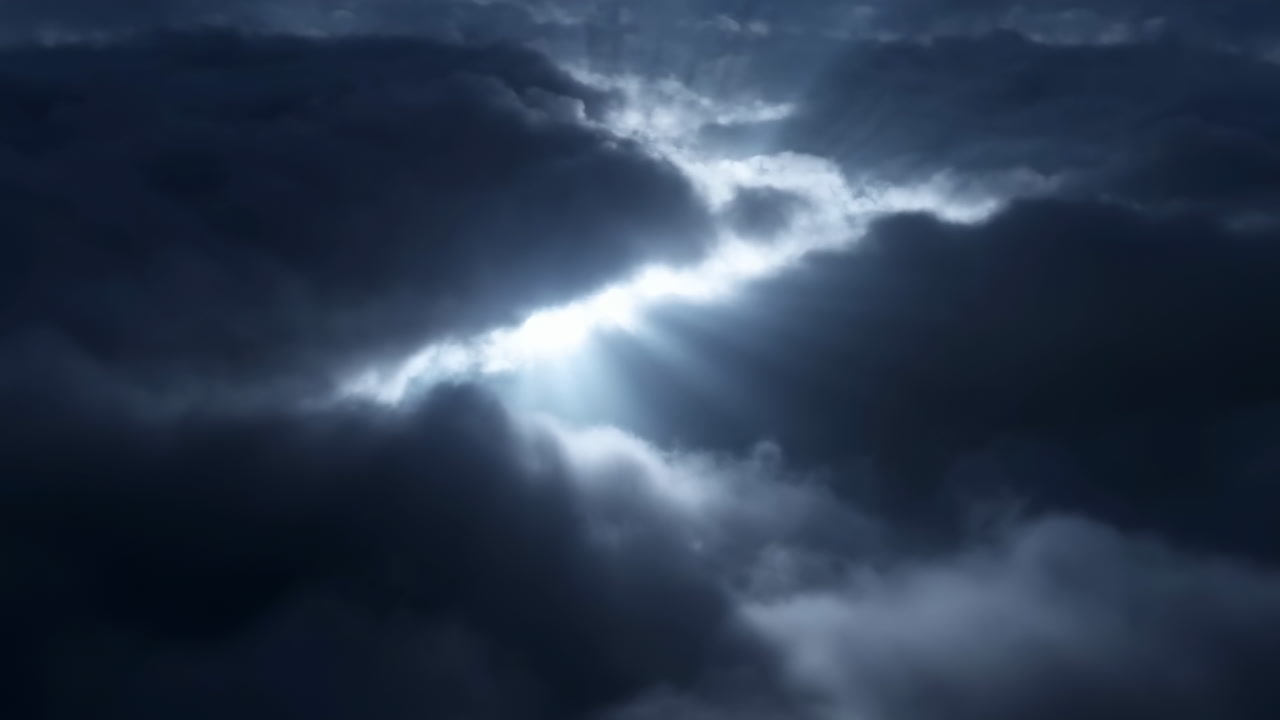 Dramatic Sky With Piercing Light Rays Cutting Through Heavy Clouds, Moody Bluegray Tones And Crepuscular Beams