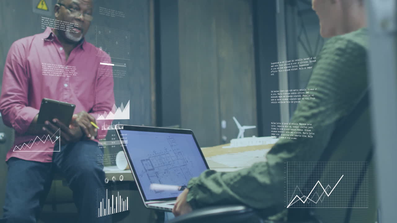 Animation of data processing over diverse colleagues using laptop and tablet in office