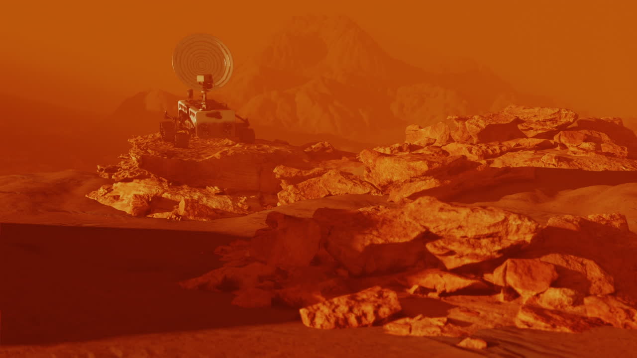 Mars rover on red planet surface sitting on rock