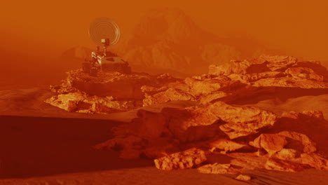 el rover de marte en la superficie del planeta rojo sentado en la roca