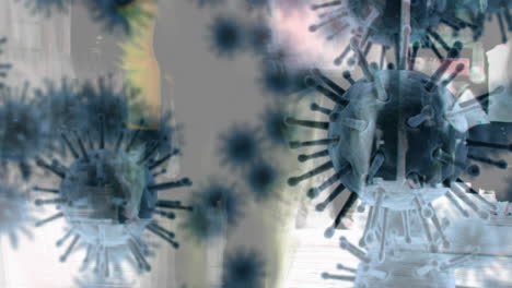 animation of covid 19 cells over people walking down the street