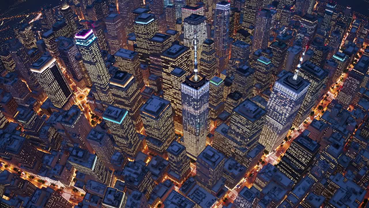 Breathtaking aerial view of New York City at night, showcasing illuminated skyscrapers, bustling streets, and the vibrant energy of the city that never sleeps