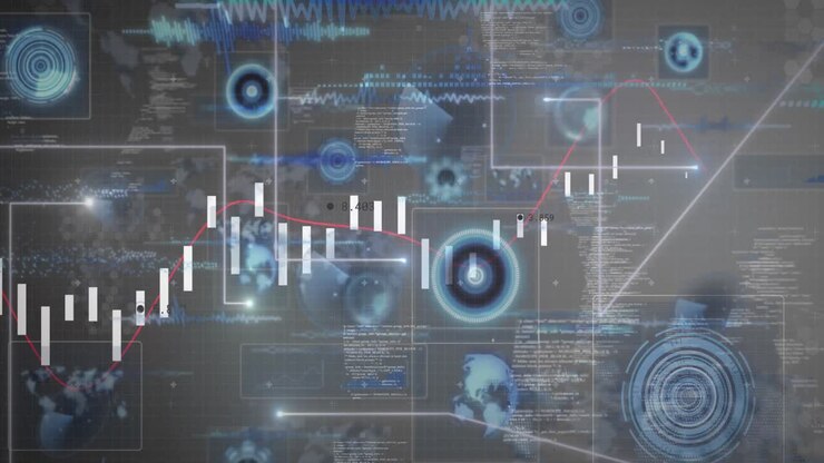 Animation of falling dots forming lines, programming language and graphs over infographic interface