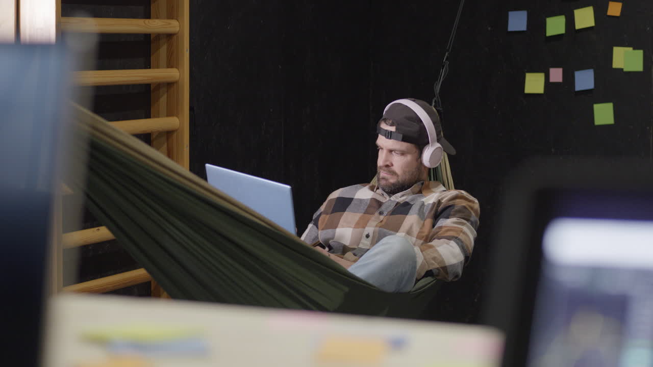 Man digital online meeting, Modern creative office interior