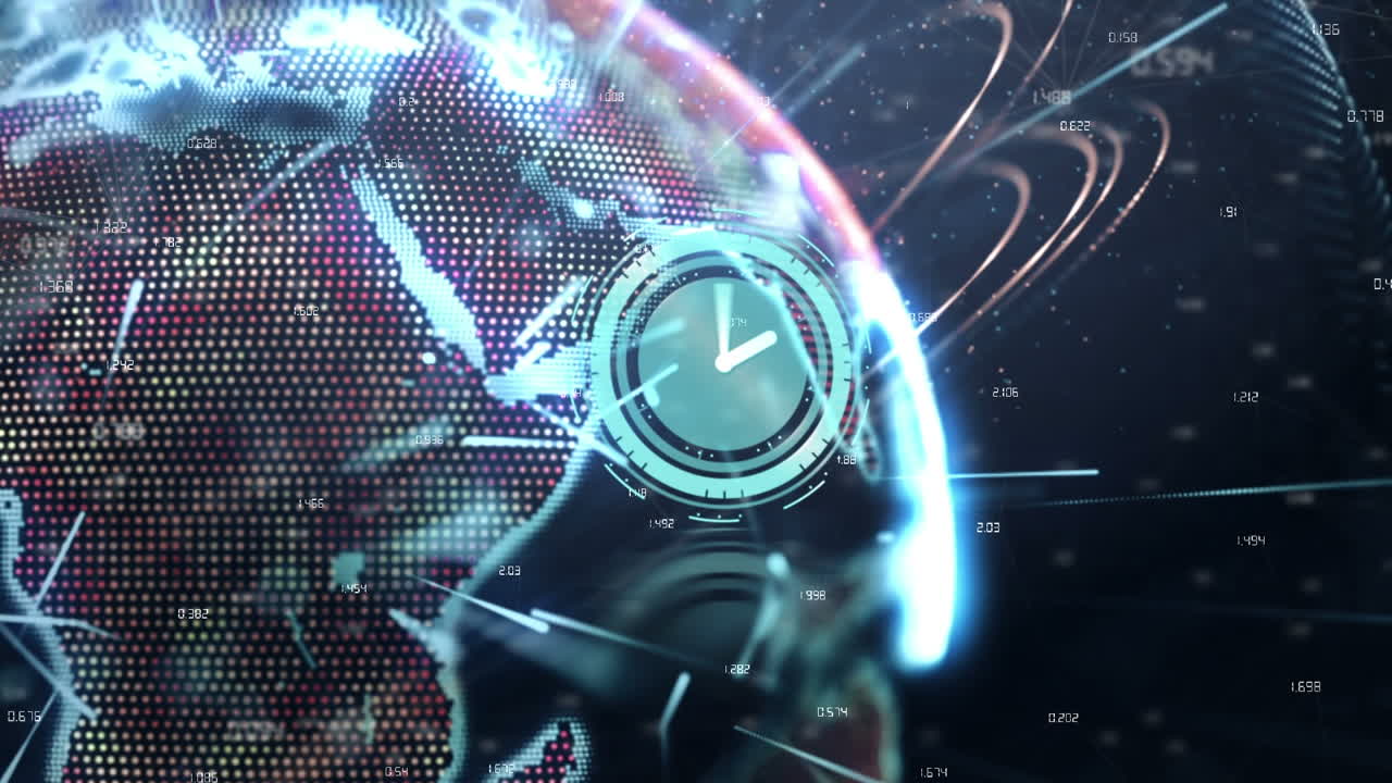 Animation of clock moving over diverse data and rotating globe