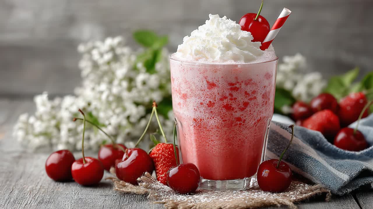 Rinfrescante milkshake al gusto di ciliegia: una deliziosa delizia guarnita con panna montata cremosa e ciliegie fresche, perfetta per ogni occasione estiva.