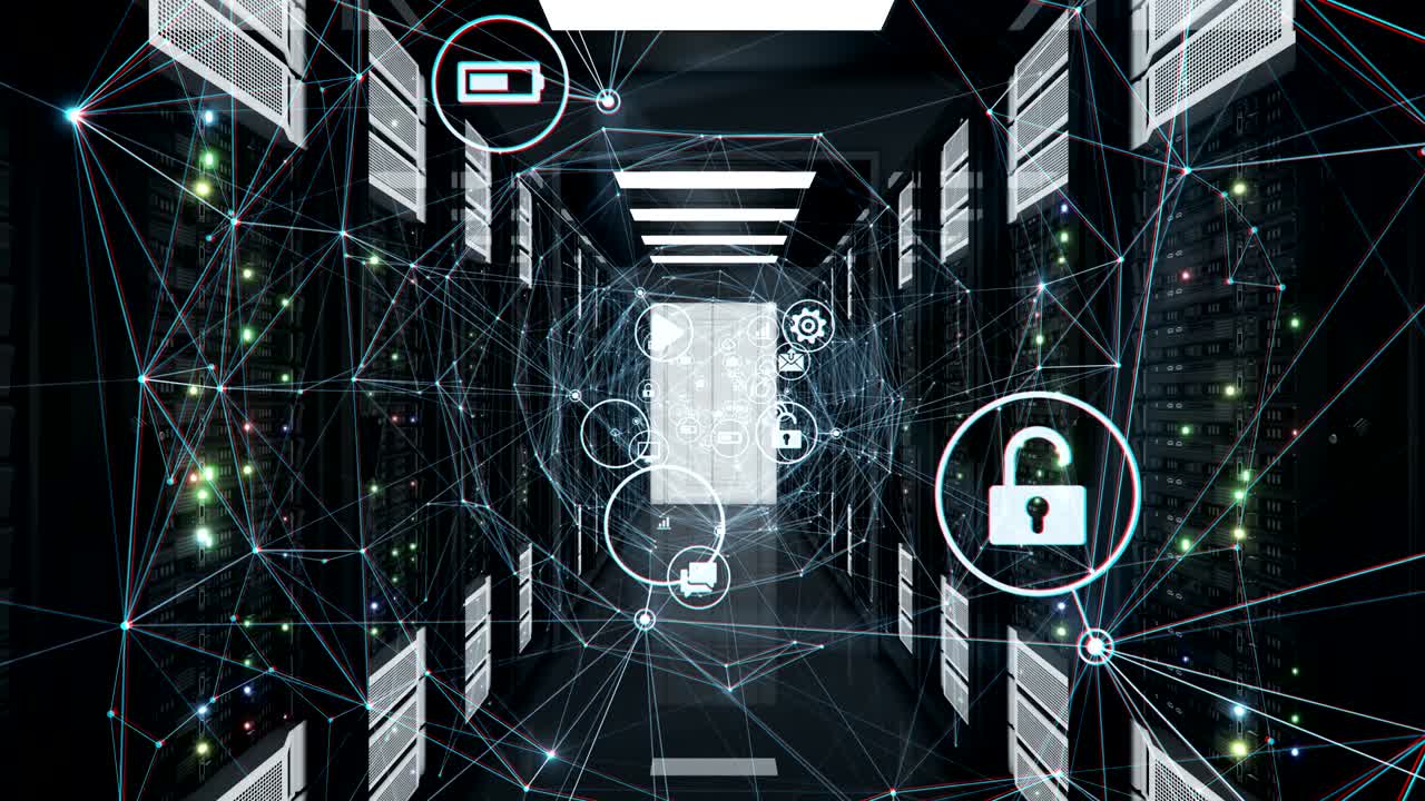 Flight Through Abstract Digital Network Tunnel with Flowing Icons in Datacenter Server Racks Room with Flashing Lights and Links. Looped 3d Animation. Futuristic Technology Concept.