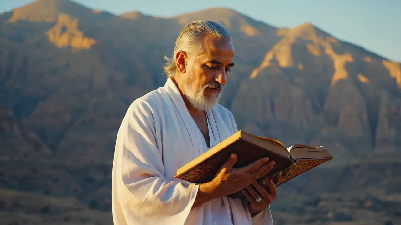 An Old Man Reading a Book in the Desert