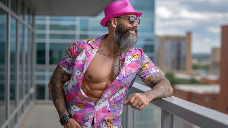 Muskuløs tatoveret mand med gråt skæg, iført en lyserød hat og en enhjørninge-T-shirt på en balkon.