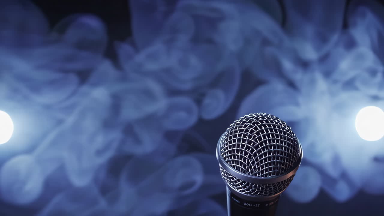 Microphone on Stage with Smoke and Lights