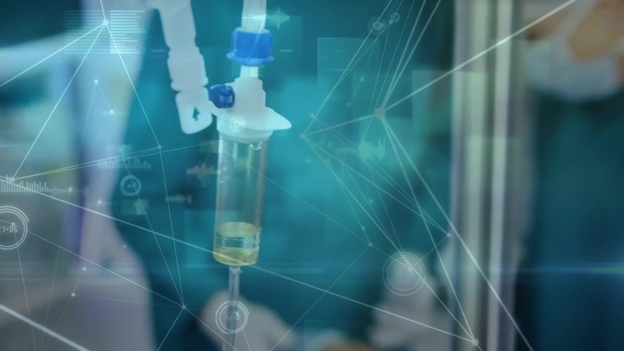 Animazione di rete di connessioni su chirurgo donna caucasica in sala operatoria.