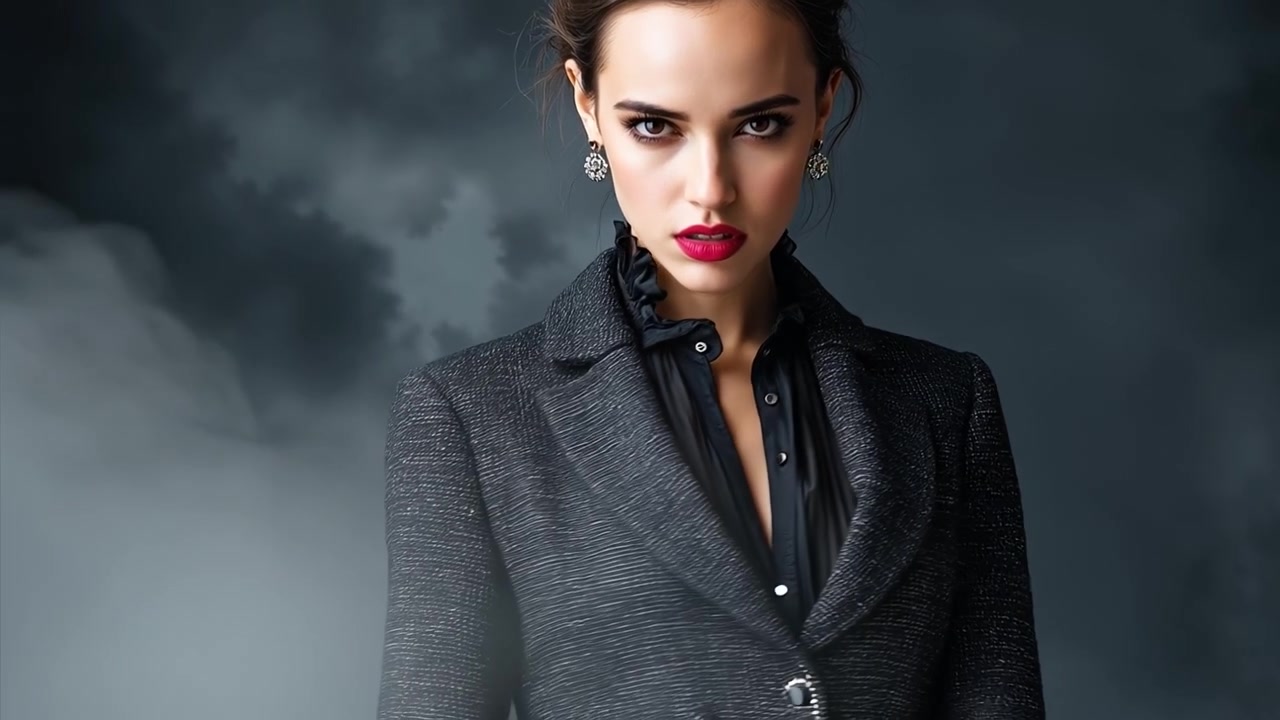 Elegant woman with red lipstick wearing a dark blazer jacket against a dramatic cloudy background