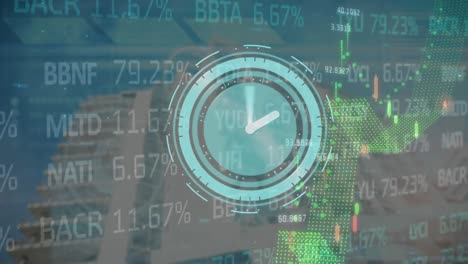 Animation-of-clock-and-financial-data-processing-over-cityscape