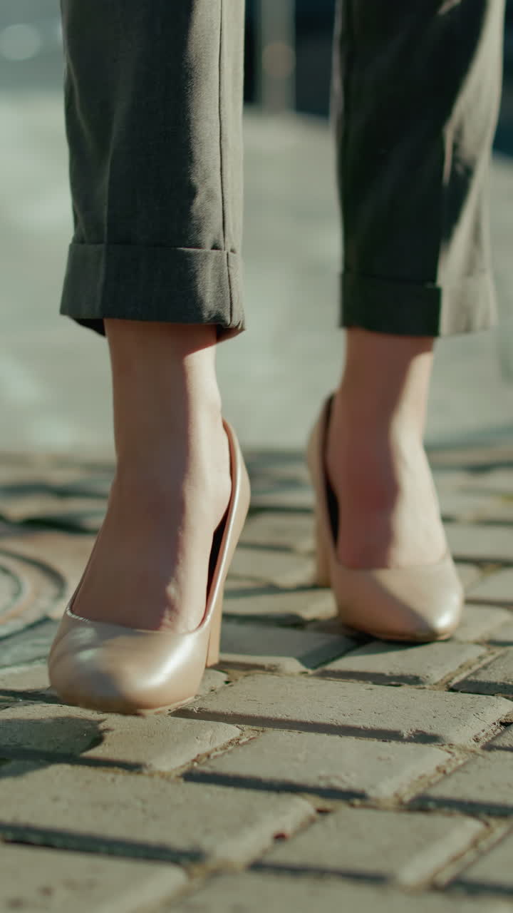 Leg view of lady in heels walking confidently on tiled floor in blazer trousers, moving toward interlocked pavement, sunlight casting clear shadows on ground in professional modern urban setting