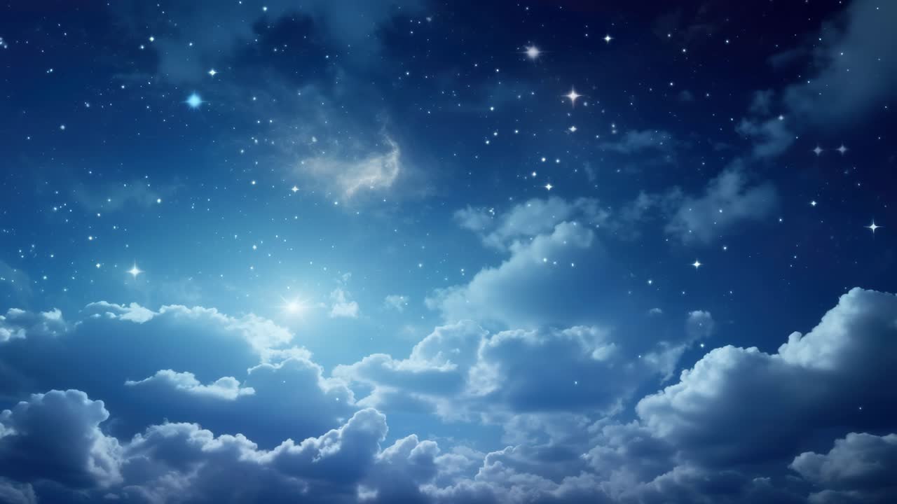 A serene night sky video concept with twinkling stars and fluffy clouds