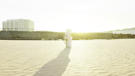 warm sunlight washes over a figure walking on a sandy beach during sunset