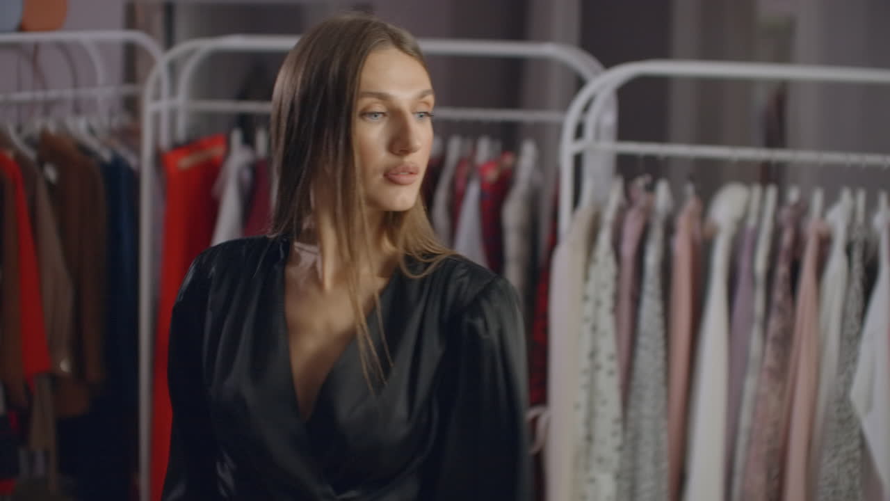 mujer usar el vestido blanco en la sala de comprobación. chica europea de moda mirándose en el espejo en el camerino. mujer joven y feliz en la tienda de ropa sonriendo y eligiendo cosas nuevas. boutique