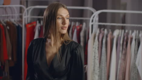 Woman-wear-the-white-dress-in-the-checkroom.-Fashionable-european-girl-looking-in-the-mirror-in-fitting-room.-Young-and-happy-female-in-clothes-store-smiling-and-choosing-new-things.-Boutique