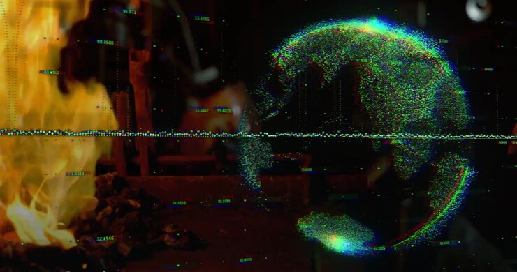 Embers sparking, particles forming rotating particle globe while waveform pulsing, visualizing data