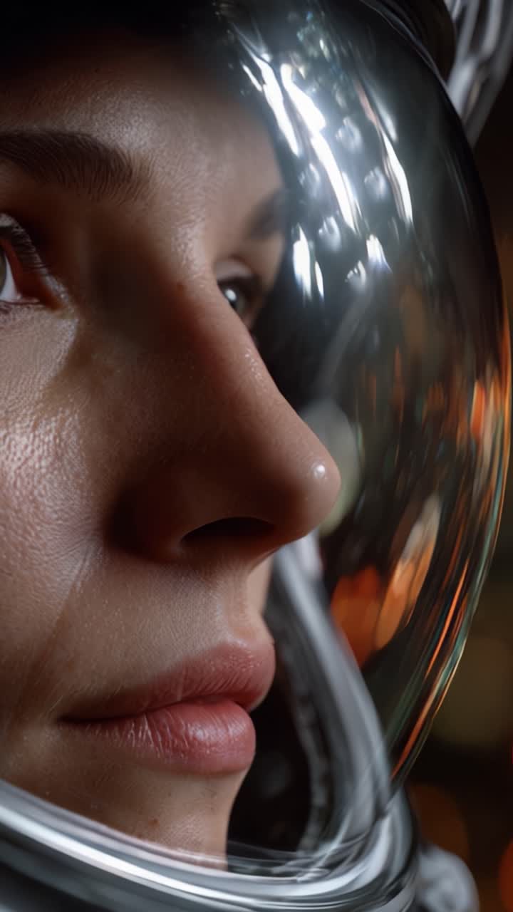 Un primo piano del volto di un astronauta determinato, che mostra emozione e concentrazione, mentre si prepara per un viaggio significativo oltre l'atmosfera terrestre