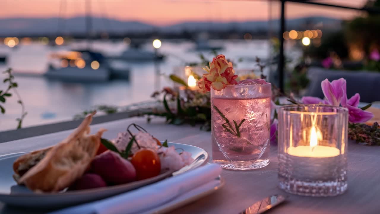 Gourmet dinner beautifully arranged on a table, featuring a pink cocktail, delectable appetizers, a flickering candle, and vibrant flowers, all set against a stunning marina at sunset