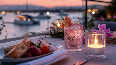 gourmet dinner beautifully arranged on a table, featuring a pink cocktail, delectable appetizers, a flickering candle, and vibrant flowers, all set against a stunning marina at sunset