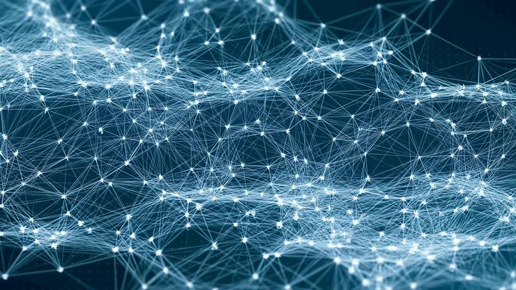 Fitta rete astratta di nodi luminosi puntiformi uniti da sottili filamenti luminescenti su uno sfondo sfumato verde acqua intenso, creando una texture digitale stratificata, connettività e un concetto di tecnologia moderna.