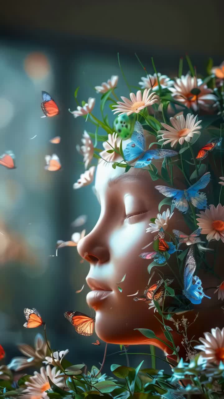 A woman's face is covered in flowers and butterflies, mental health concept
