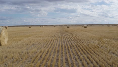 Rows-of-Harvested-Hay-Silo-Bales-in-Big-Sky,-Montana---Aerial-Drone-Flight