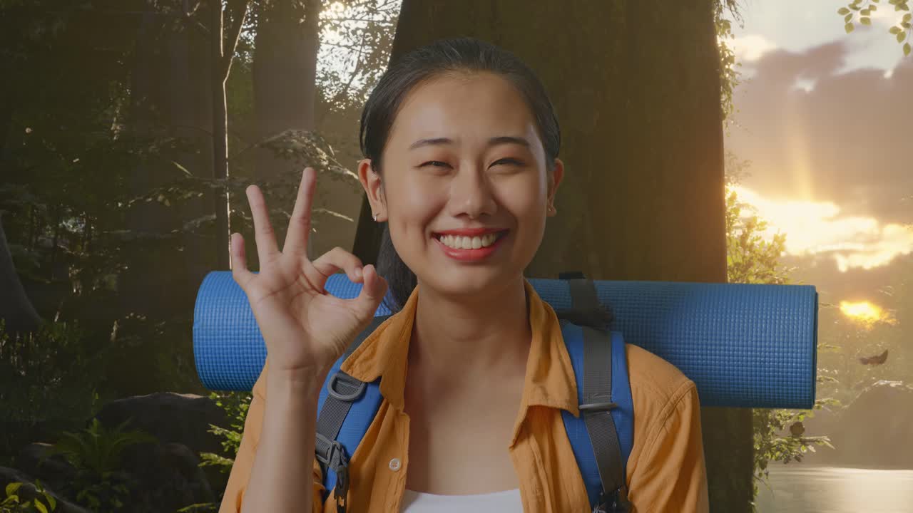 счастливая женщина, гуляющая в лесу на рассвете.