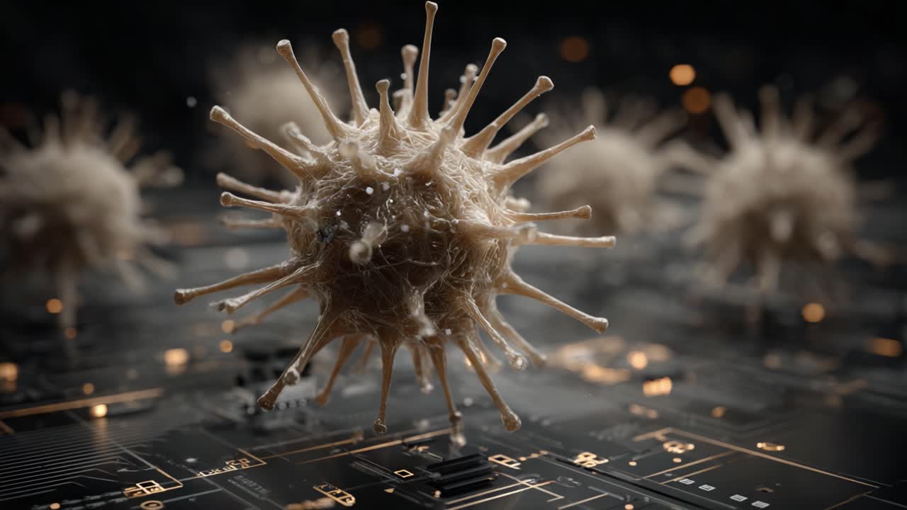 A Detailed Exploration of Microscopic Virus Structure Set Against a High-Tech Circuit Background, Highlighting Intricate Features and Interwoven Connections