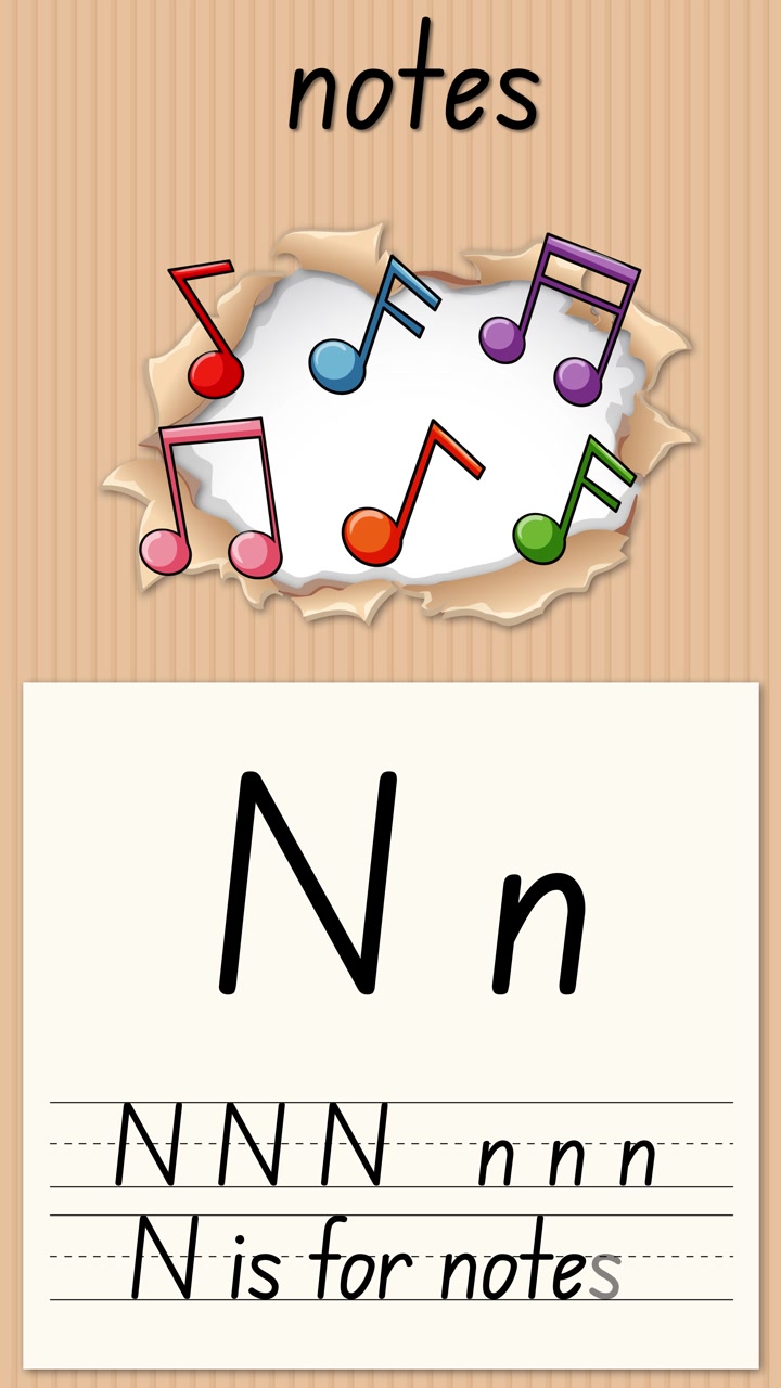 Animated educational video demonstrates writing the letter N and musical notes on a vertical background