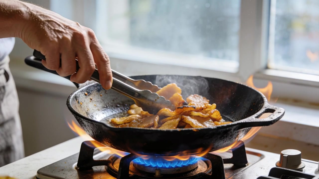 Vender hånden, mens en blå flamme blusser op i køkkenet, bruger tang på en støbejernspande for at tjekke om det er færdigt.