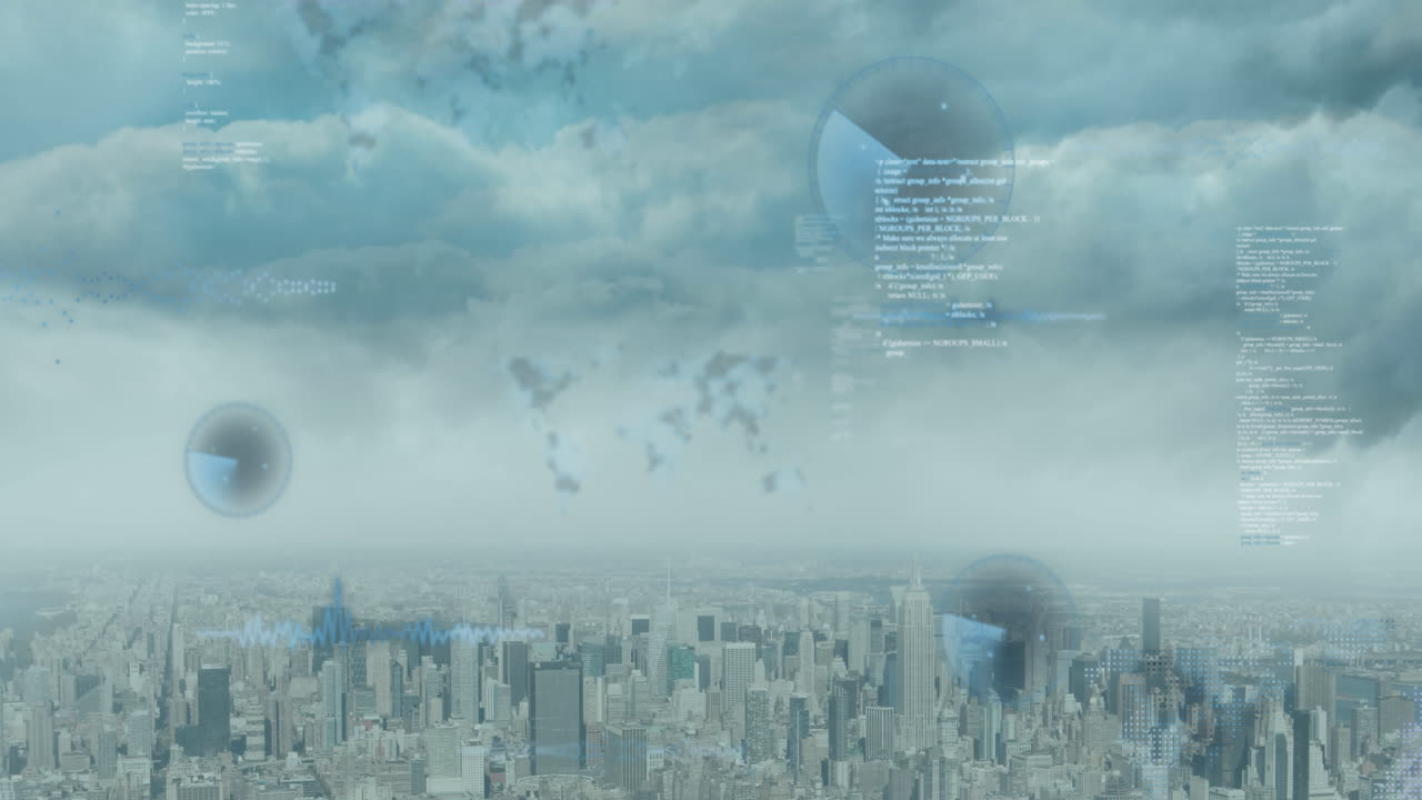 도시 풍경 위의 데이터 처리 애니메이션