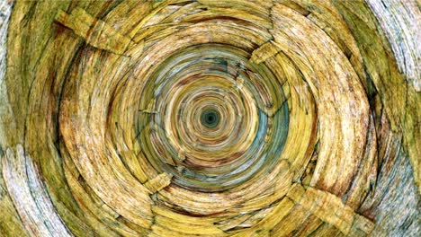 abstract motion graphic loop circle grunge recycled compressed wood psychedelic twisting in tunnel background multicolored helix vortex light. 4k loop pattern brown yellow  round striped swirling hypnotic rotating abstraction