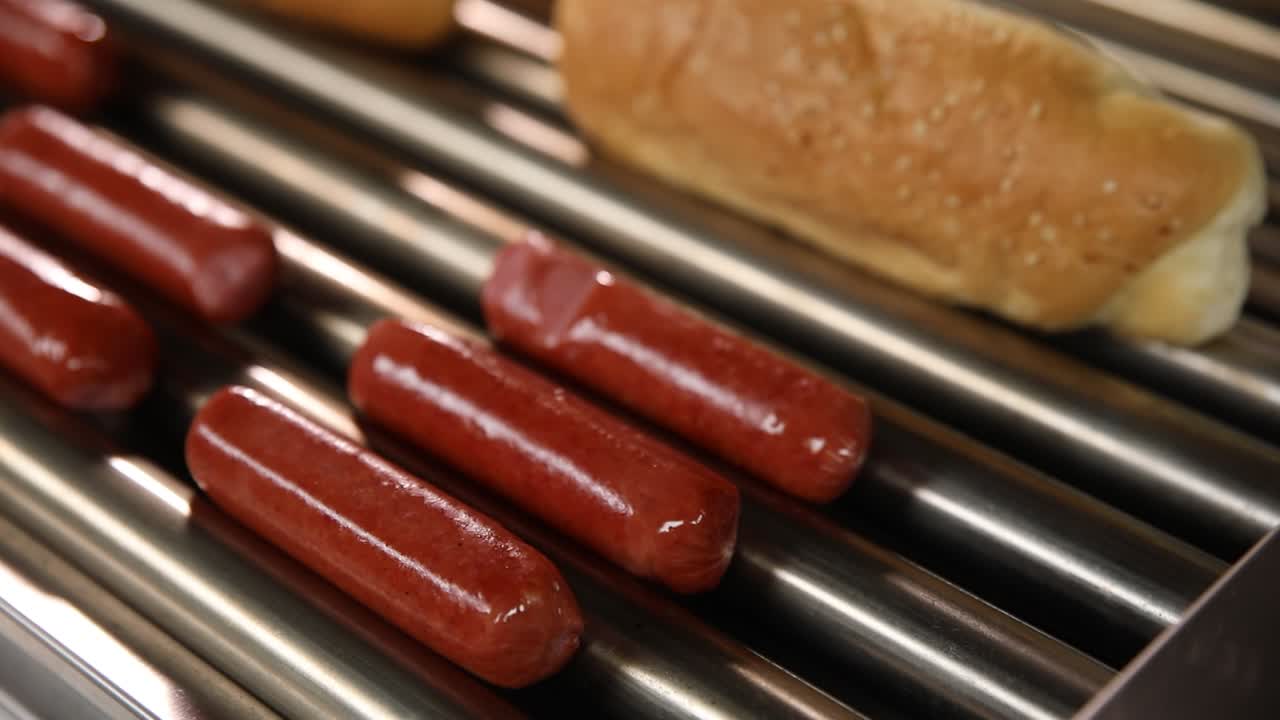 핫도그가 그릴에서 요리하고 있다