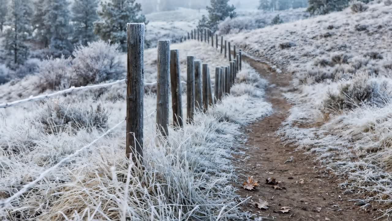 Recinzione brinata e sentiero tortuoso in un sereno paesaggio invernale