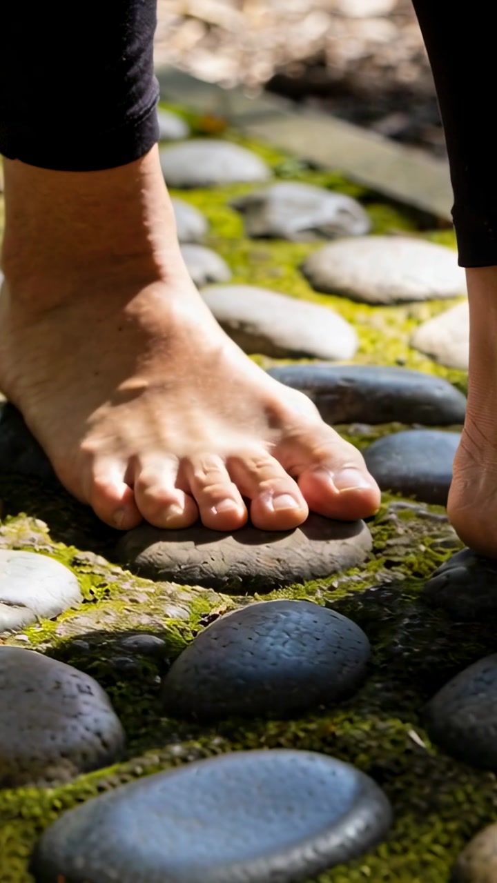 Vertical video: Stepping bare feet across mossy garden stones, toes curling in black ankle leggings