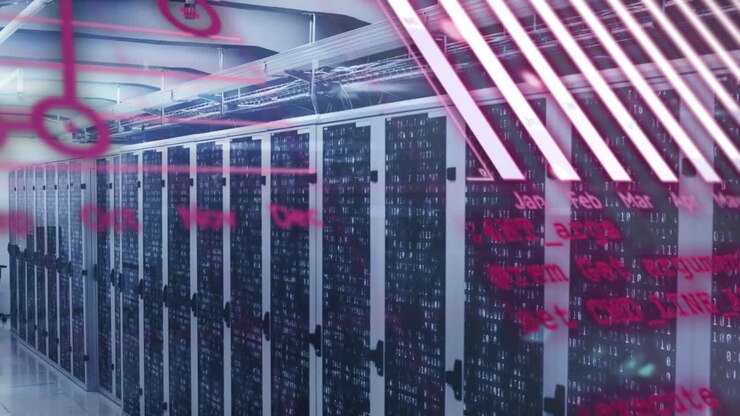 Animation of statistical data processing and binary coding against computer server room
