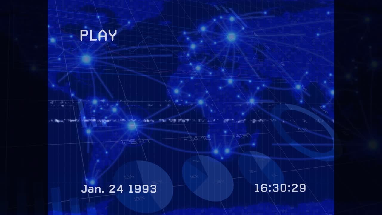 Animation of interference over world mao and data processing on blue background