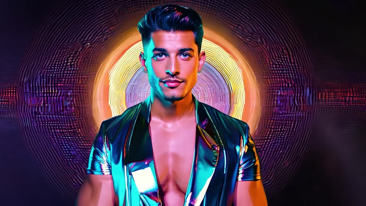 hombre guapo con una chaqueta plateada.