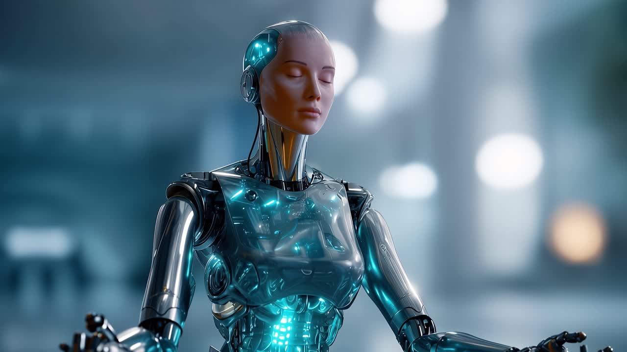 Robot umanoide in meditazione con luci blu luminose in un ambiente futuristico
