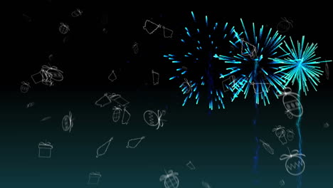 animation of christmas icons over fireworks