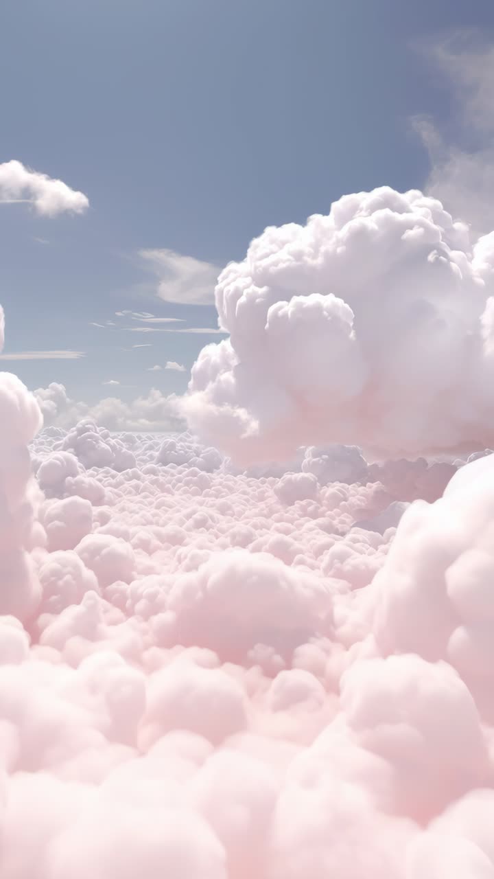 Aerial view of fluffy pink clouds against a blue sky, creating a dreamy, ethereal atmosphere