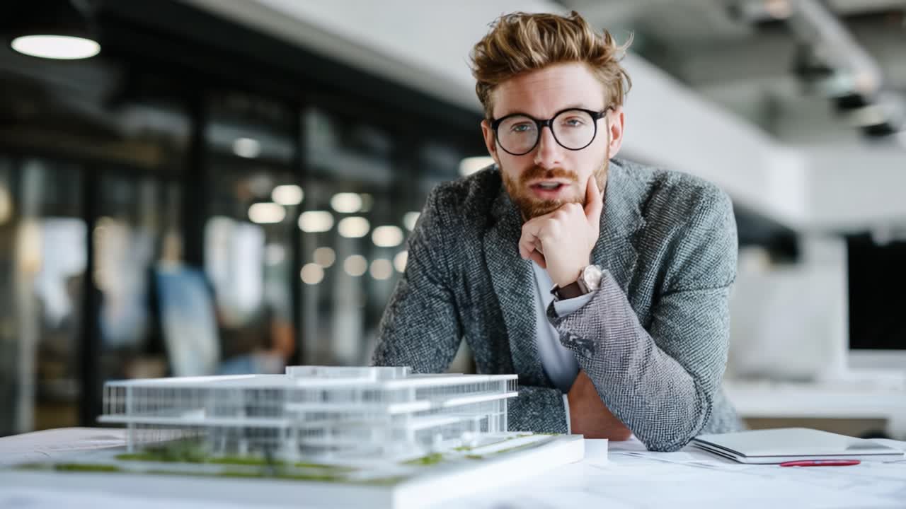 A Reflective Architect Analyzing a Building Model with Intent and Focus, Capturing the Essence of Design and Innovation in a Modern Workspace Environment