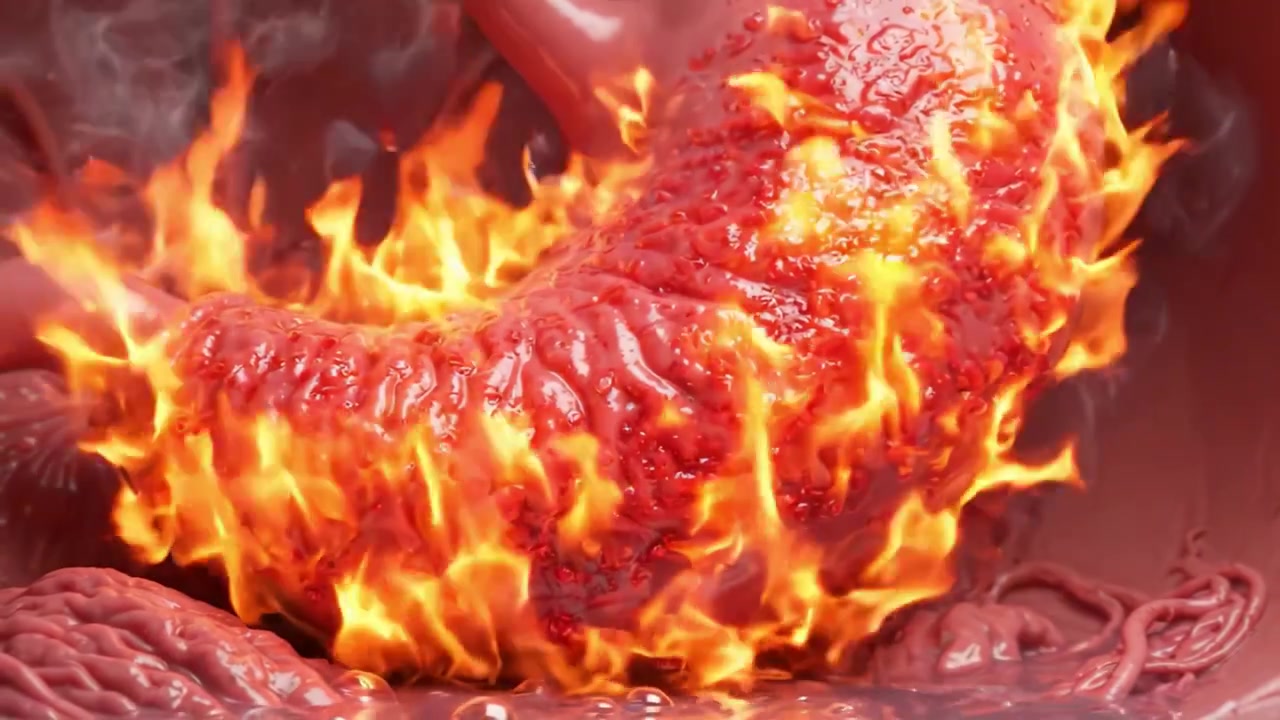 Dettagliata visualizzazione anatomica di uno stomaco, che mostra le strutture interne e gli elementi circostanti in un ambiente fluido.