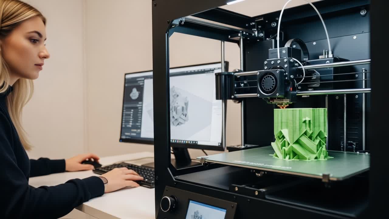 A creative individual engaged in 3D printing, observing an intricate green model being developed by a state-of-the-art printer in a modern workspace setting