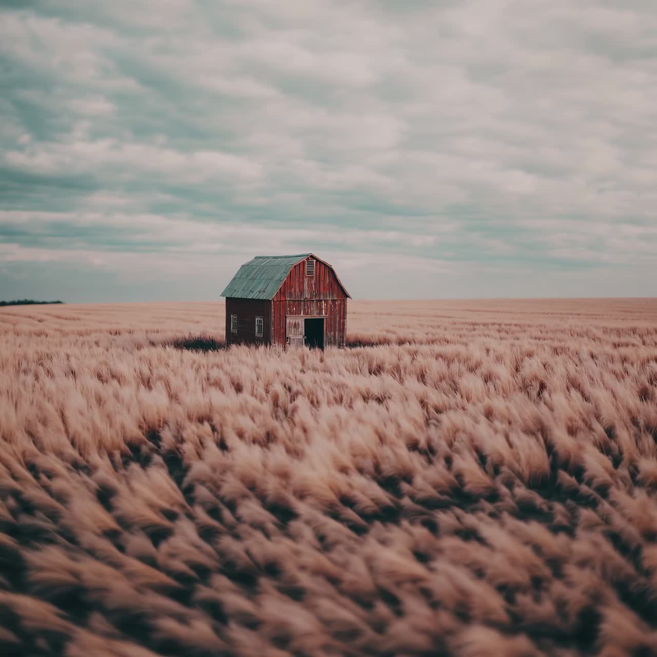 A wide-angle shot of a rustic barn in a vast wheat field under a cloudy sky, evoking a serene