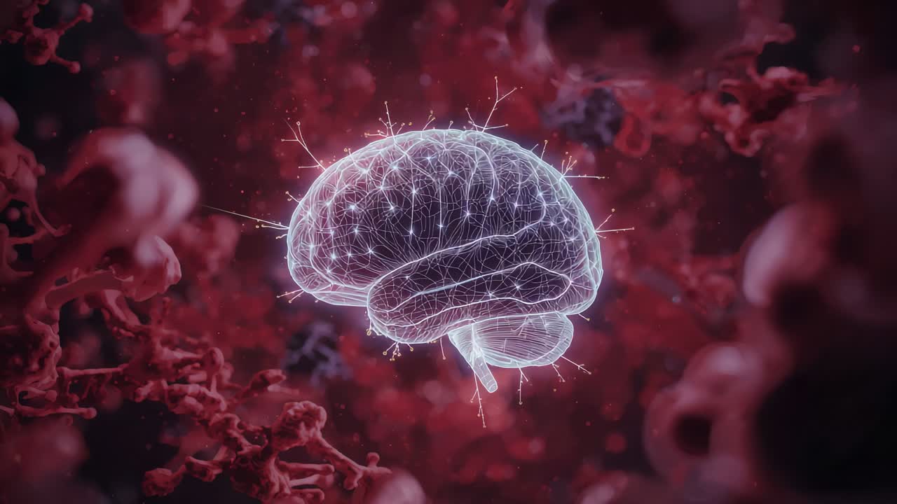 Rotating wireframe brain from side, pulsing nodes and sending dendrites while showing core paths